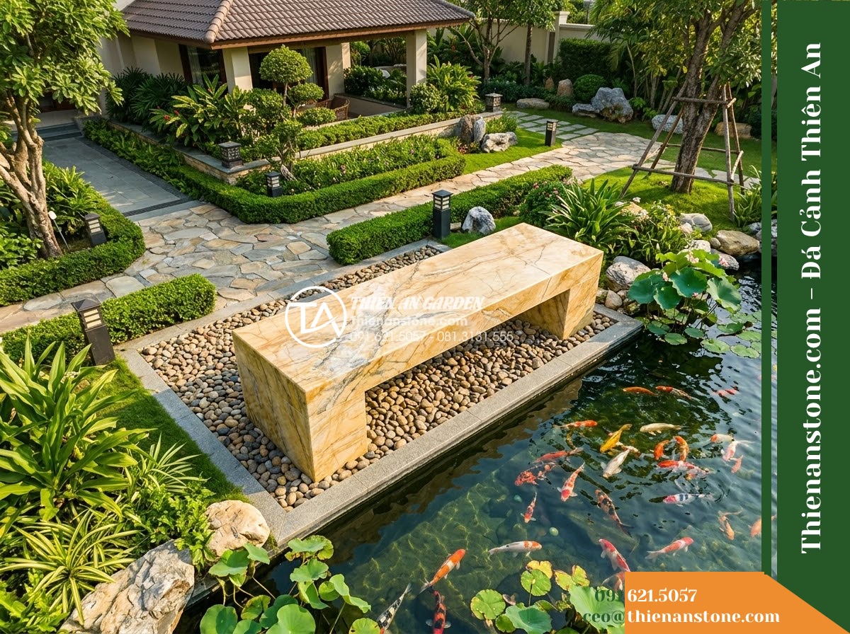 Ghế Đá Công Viên Không Tựa Chân Khối Đại Phúc 160x45x45cm – Đá Vàng Cẩm Thạch