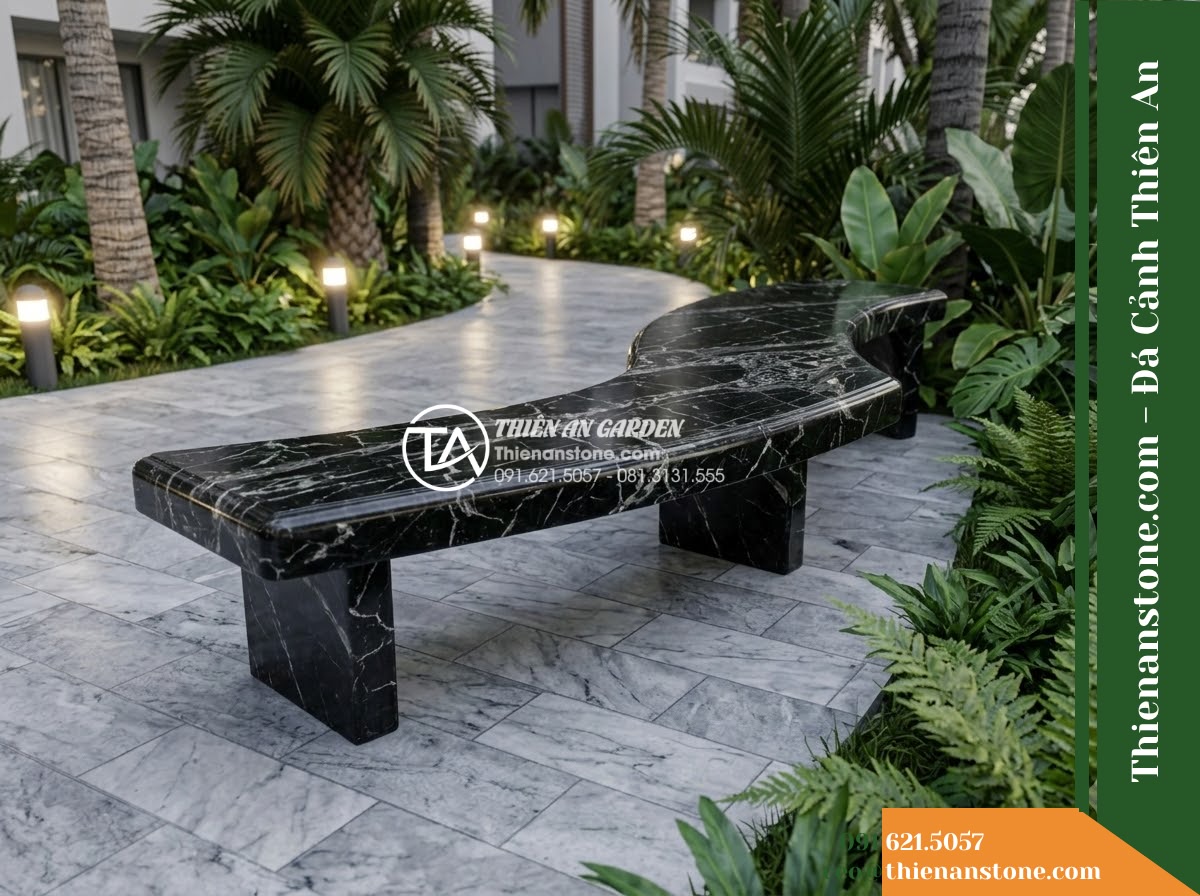 Ghế Đá Công Viên Không Tựa Dáng Cong Vĩnh Phúc 150x45x45cm – Đá Đen Cẩm Thạch