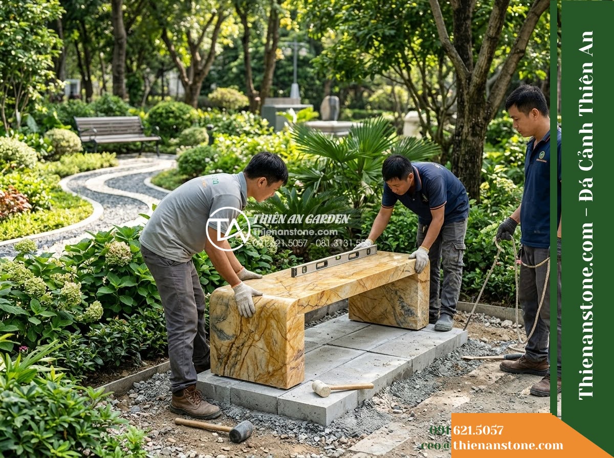 Ghế Đá Công Viên Không Tựa Dáng Vòm Kim Sơn 140x45x45cm – Đá Vàng Cẩm Thạch