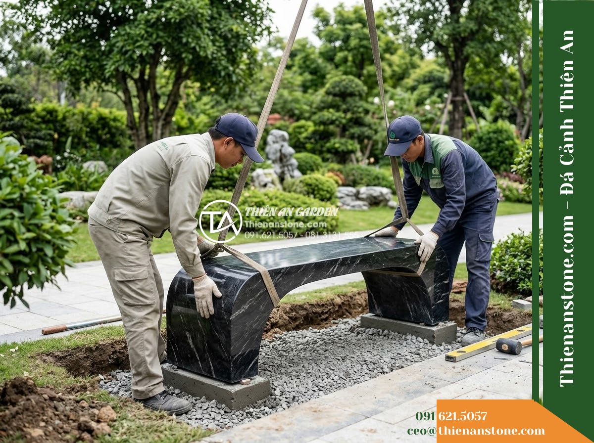 Ghế Đá Công Viên Không Tựa Dáng Vòm Nguyệt Sơn 140x45x45cm – Đá Đen Cẩm Thạch