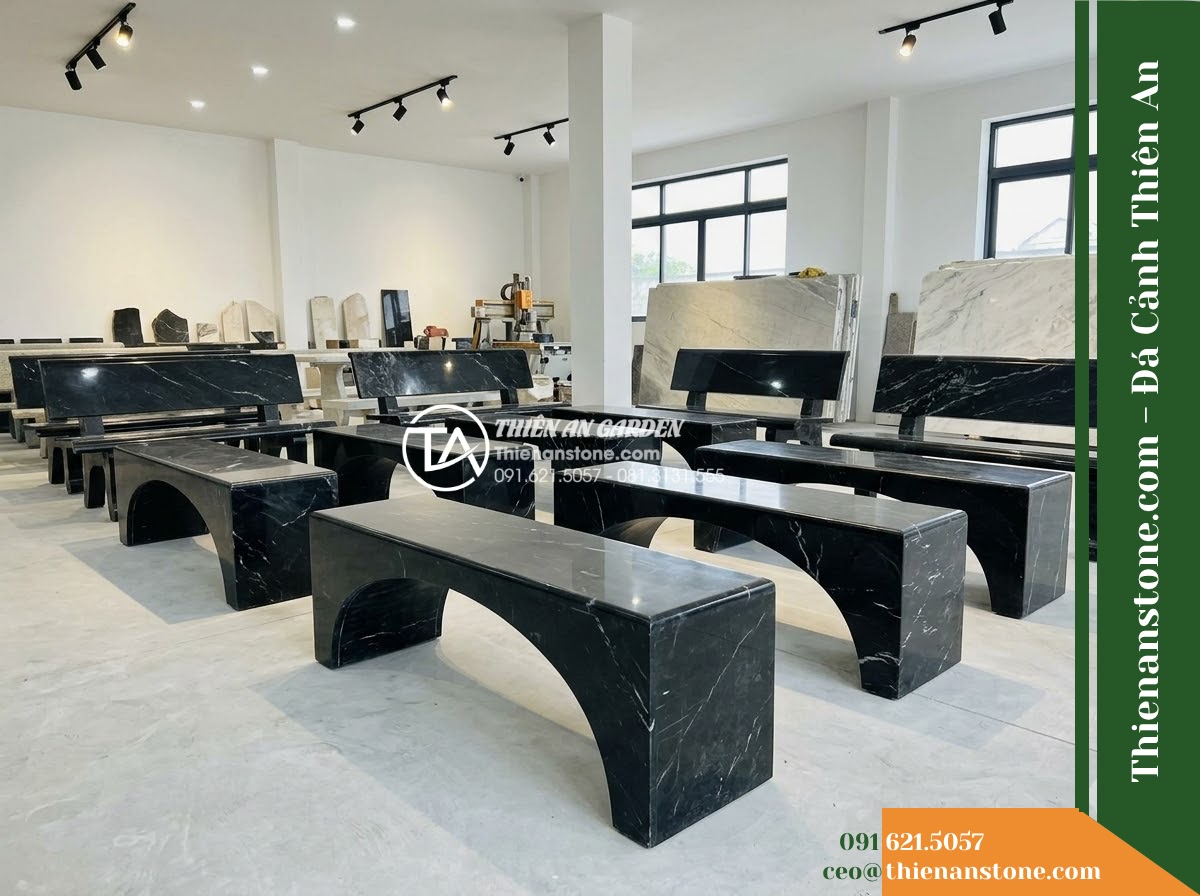 Ghế Đá Công Viên Không Tựa Dáng Vòm Nguyệt Sơn 140x45x45cm – Đá Đen Cẩm Thạch