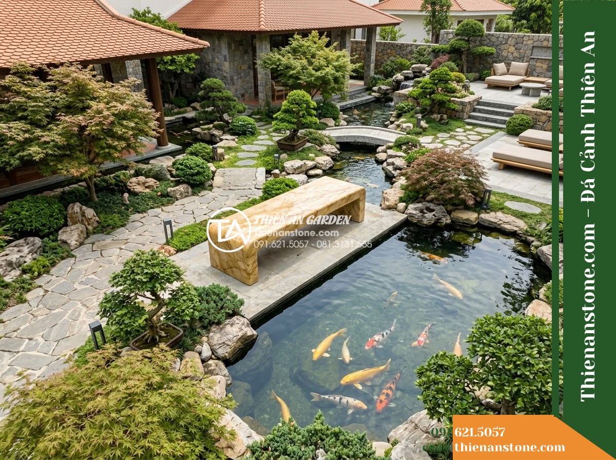 Ghế Đá Công Viên Không Tựa Khối Thấp An Phúc 140x50x40cm - Đá Vàng Cẩm Thạch - Hình 2 Ghế Đá Công Viên Không Tựa Khối Thấp An Phúc 140x50x40cm - Đá Vàng Cẩm Thạch - Aerial view of a golden marble stone bench positioned beside a koi pond in a lux