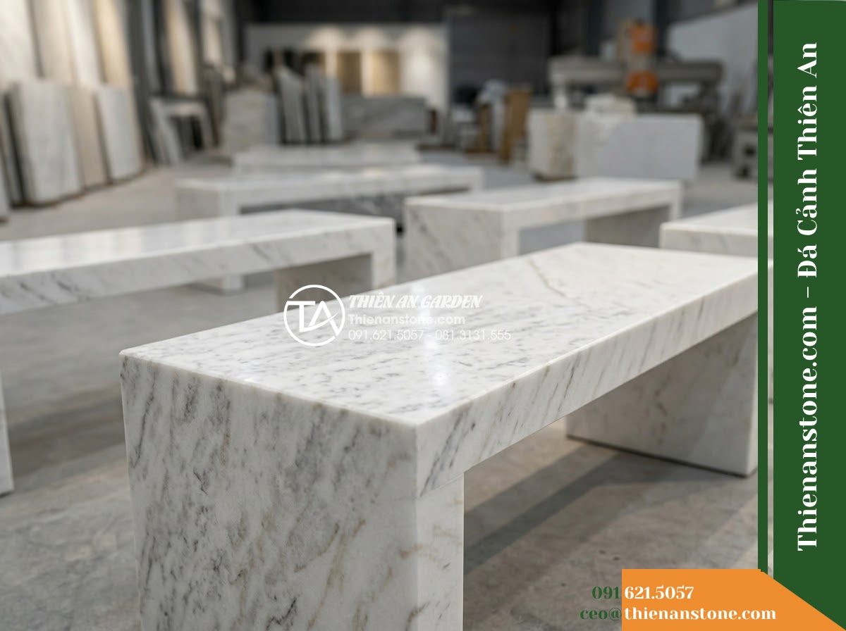 Ghế Đá Công Viên Không Tựa Khối Thấp Tĩnh Viên 140x50x40cm – Đá Trắng Cẩm Thạch