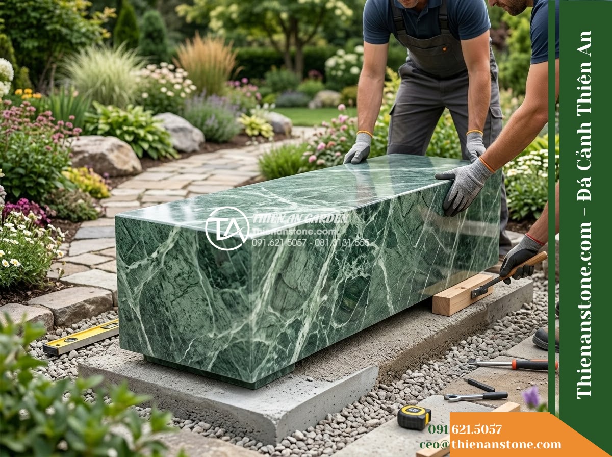 Ghế Đá Công Viên Không Tựa Liền Khối Tùng Lâm 160x50x45cm – Đá Xanh Cẩm Thạch