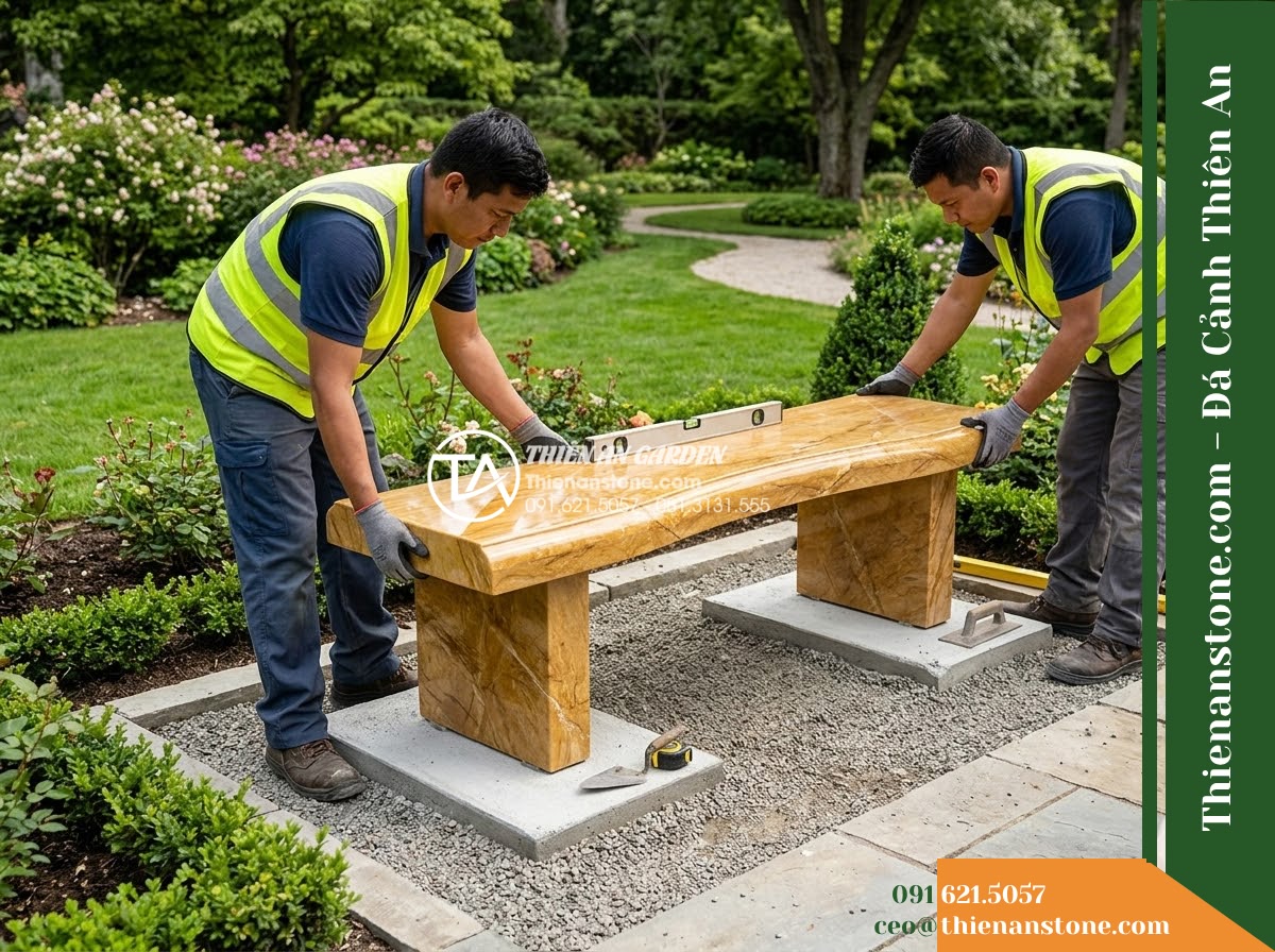 Ghế Đá Công Viên Không Tựa Mặt Cong Nhật Hạ 150x45x45cm – Đá Vàng Cẩm Thạch