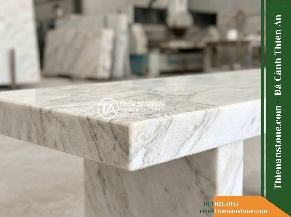 Ghế Đá Công Viên Không Tựa Mặt Phẳng Trường Phúc 160x45x45cm – Đá Trắng Cẩm Thạch