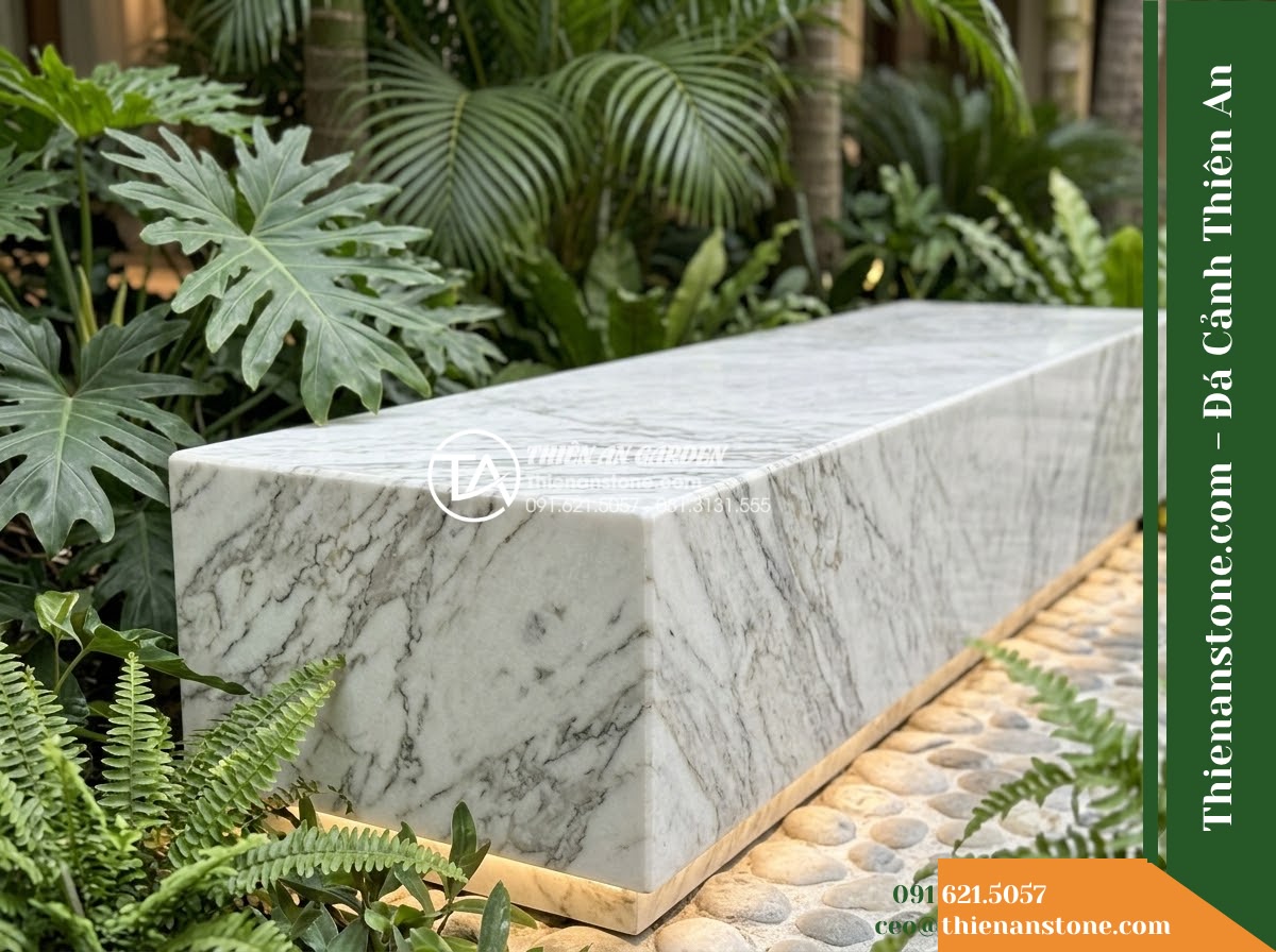 Ghế Đá Công Viên Không Tựa Mặt Phẳng Trường Phúc 160x45x45cm – Đá Trắng Cẩm Thạch