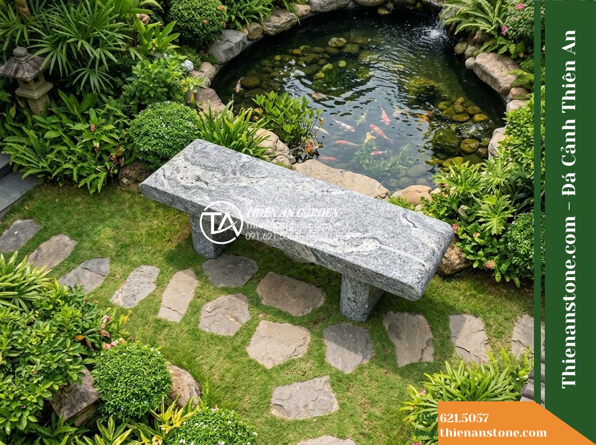 Ghế Đá Granite Nguyên Khối Đông Phúc – Kích thước 150 x 44 x 45 cm – Kiểu dáng mặt dày bo cạnh, chân trụ ngắn. Chất liệu đá granite