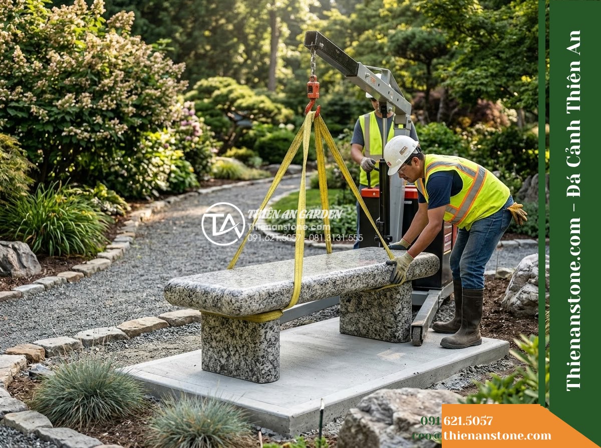 Ghế Đá Granite Nguyên Khối Đông Phúc – Kích thước 150 x 44 x 45 cm – Kiểu dáng mặt dày bo cạnh, chân trụ ngắn. Chất liệu đá granite