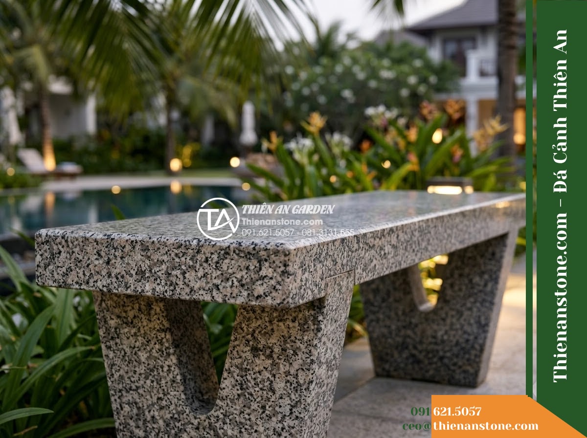 Ghế Đá Granite Nguyên Khối Tân Lộc – Kích thước 160 x 45 x 45 cm – Kiểu dáng mặt thẳng, chân chữ V cách điệu. Chất liệu đá granite