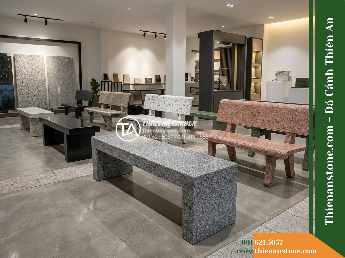 Ghế Đá Granite Nguyên Khối Thiên Phúc – Kích thước 200 x 50 x 45 cm – Kiểu dáng bản lớn, mặt dày, chân liền chắc chắn. Chất liệu đá granite