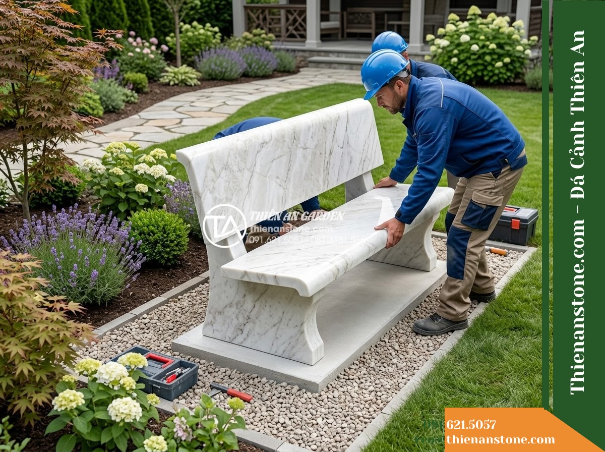 Ghế Đá Granite Nguyên Khối Trung Kiên – Kích thước 165 x 44 x 45 cm – Kiểu dáng mặt bo đầu, chân trụ thu nhỏ. Chất liệu đá granite