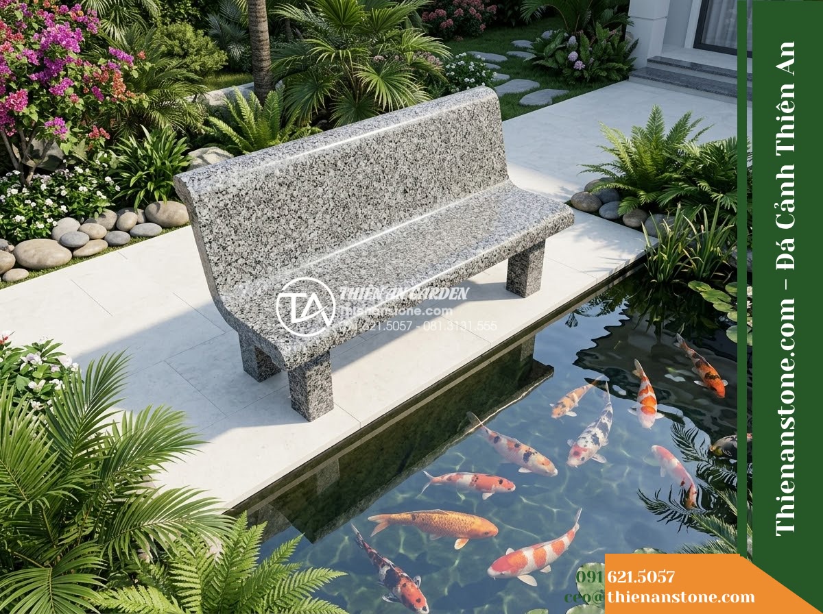 Ghế Đá Granite Nguyên Khối Trường Thịnh – Kích thước 150 x 42 x 45 cm – Kiểu dáng mặt bo cong hai đầu, chân trụ vuông. Chất liệu đá granite - Hình 2 Ghế Đá Granite Nguyên Khối Trường Thịnh – Kích thước 150 x 42 x 45 cm – Kiểu dáng mặt bo cong hai đầu, chân trụ vuông. Chất liệu đá granite - Aerial view of a natural granite stone bench positioned beside a koi pond in a l