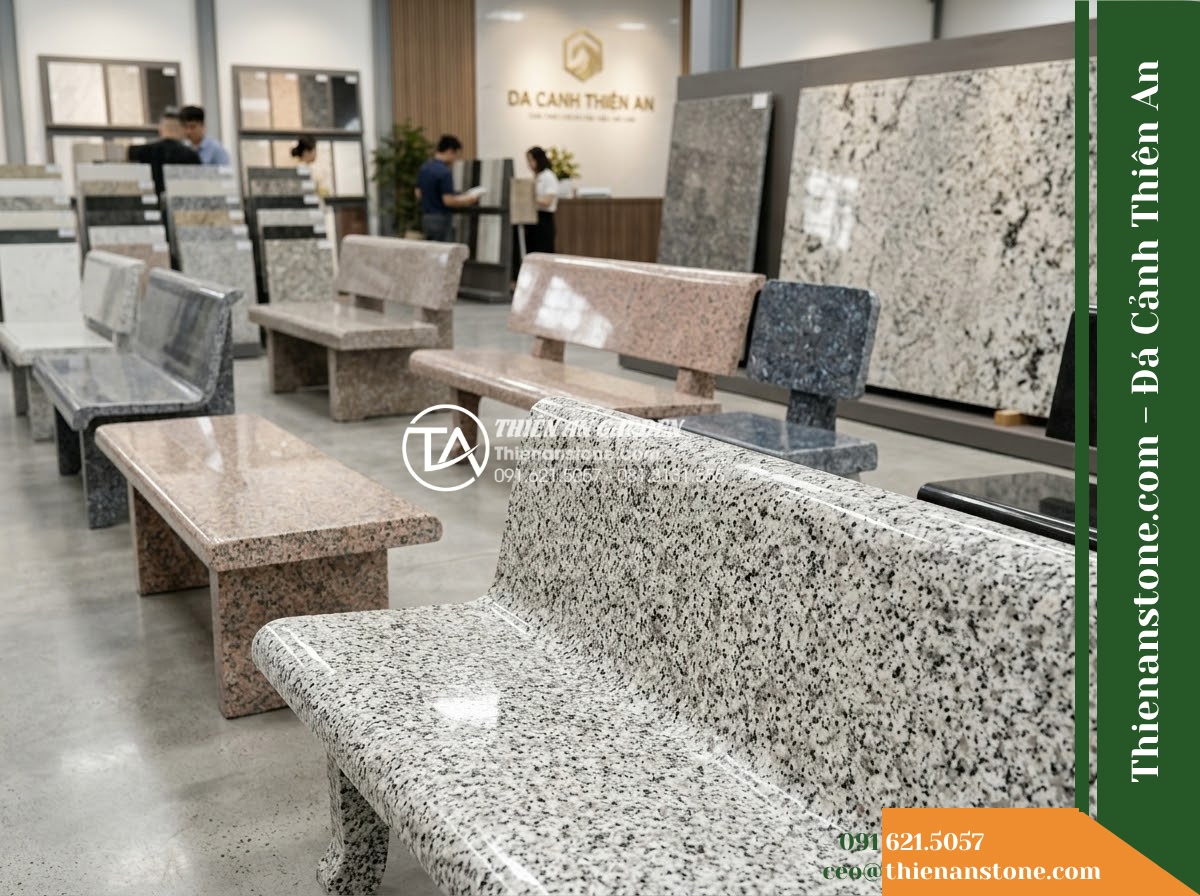 Ghế Đá Granite Nguyên Khối Trường Thịnh – Kích thước 150 x 42 x 45 cm – Kiểu dáng mặt bo cong hai đầu, chân trụ vuông. Chất liệu đá granite - Hình 6 Ghế Đá Granite Nguyên Khối Trường Thịnh – Kích thước 150 x 42 x 45 cm – Kiểu dáng mặt bo cong hai đầu, chân trụ vuông. Chất liệu đá granite - Showroom display of various natural granite stone benches at Da Canh Thien An, p