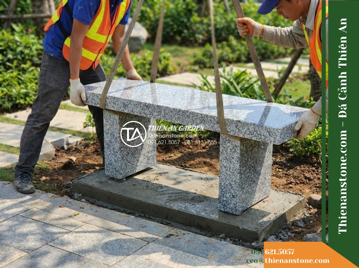 Ghế Đá Granito Đức Thành – Kích thước 175 x 50 x 80 cm – Kiểu dáng tựa chữ nhật, chân trụ dày. Chất liệu đá granito (đá mài)