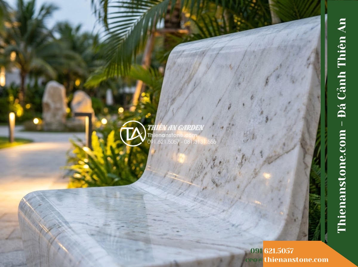 Ghế Đá Granito Kim An – Kích thước 145 x 44 x 45 cm – Kiểu dáng không tựa nhỏ gọn, cạnh bo tròn. Chất liệu đá granito (đá mài) - Hình 4 Ghế Đá Granito Kim An – Kích thước 145 x 44 x 45 cm – Kiểu dáng không tựa nhỏ gọn, cạnh bo tròn. Chất liệu đá granito (đá mài) - A granito polished stone stone bench integrated into a Vietnamese luxury resort