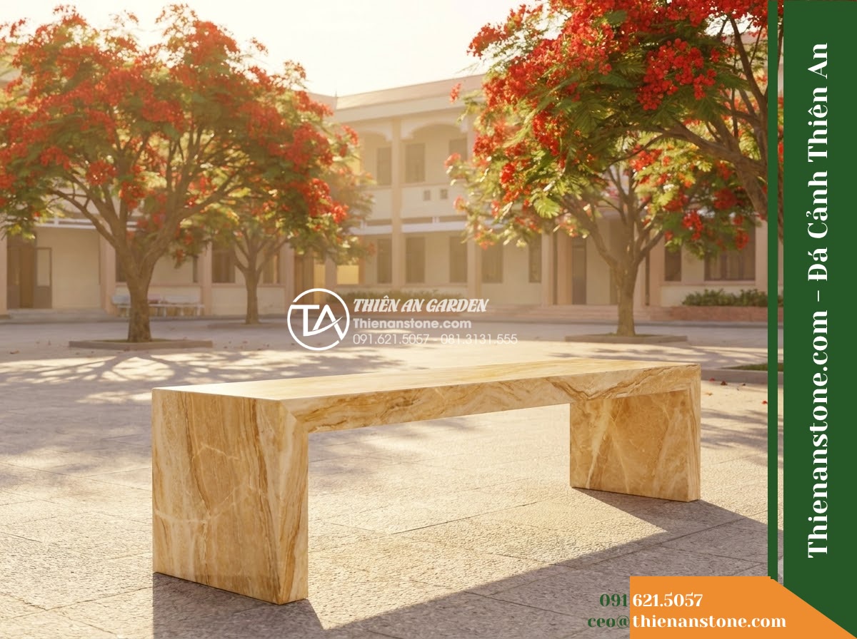Ghế Đá Sân Trường Thân Thiện – Kích thước 160 x 45 x 45 cm – Kiểu dáng băng dài không tựa, chân chữ U. Chất liệu đá vàng cẩm thạch