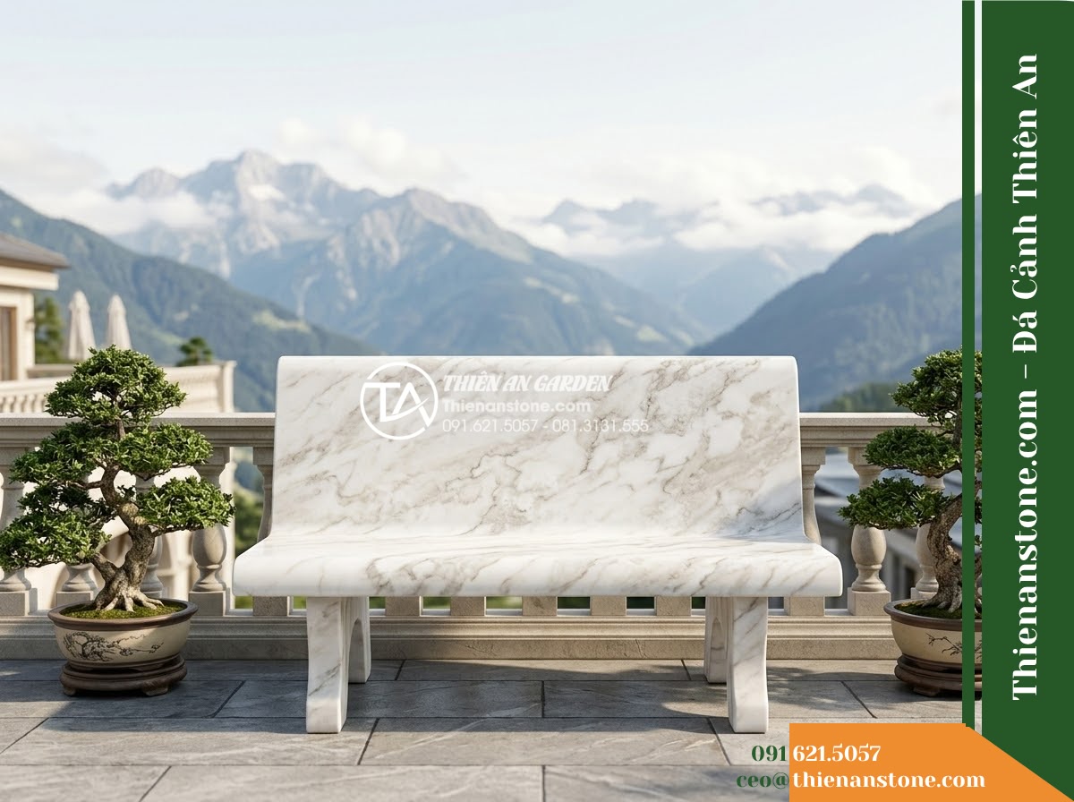 Ghế Đá Sân Trường Tự Tin – Kích thước 165 x 50 x 82 cm – Kiểu dáng tựa thẳng cao, cạnh bo mềm. Chất liệu đá vân mây - Hình 3 Ghế Đá Sân Trường Tự Tin – Kích thước 165 x 50 x 82 cm – Kiểu dáng tựa thẳng cao, cạnh bo mềm. Chất liệu đá vân mây - cloud marble stone bench flanked by potted bonsai trees on a resort terrace over