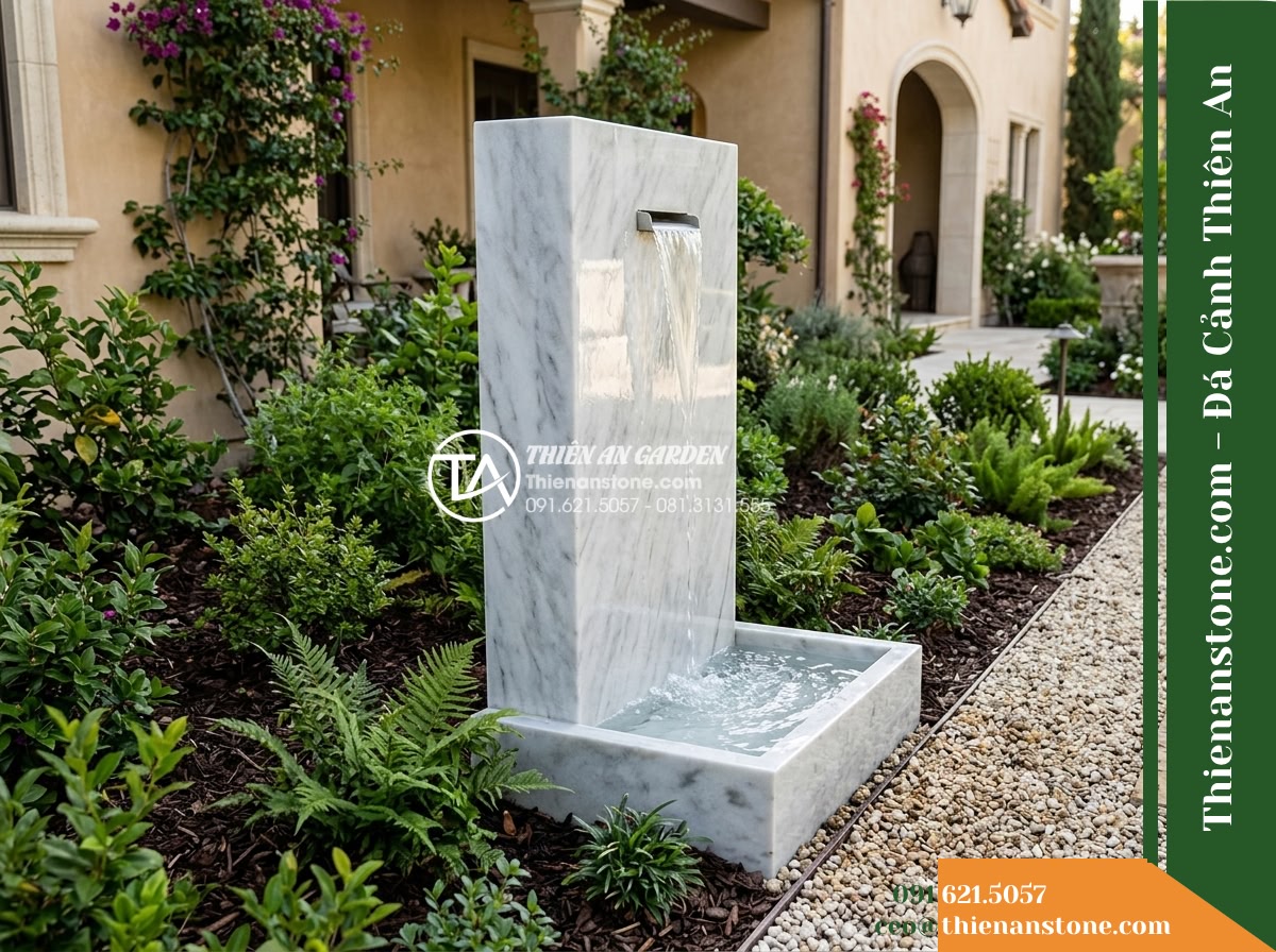 Trụ Phun Chữ Nhật Phẳng Mặt, 40x25cm Cao 1m - Hình 18 Trụ Phun Chữ Nhật Phẳng Mặt, 40x25cm Cao 1m - Comprehensive overview showing the fully functioning rectangular stone pillar fo