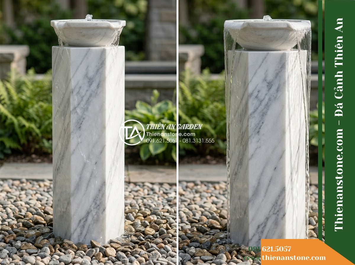 Trụ Phun Lục Giác Đỉnh Bát Phun, D40cm Cao 1m - Hình 8 Trụ Phun Lục Giác Đỉnh Bát Phun, D40cm Cao 1m - Side profile shot showing a thin sheet of water clinging to the vertical hexagon