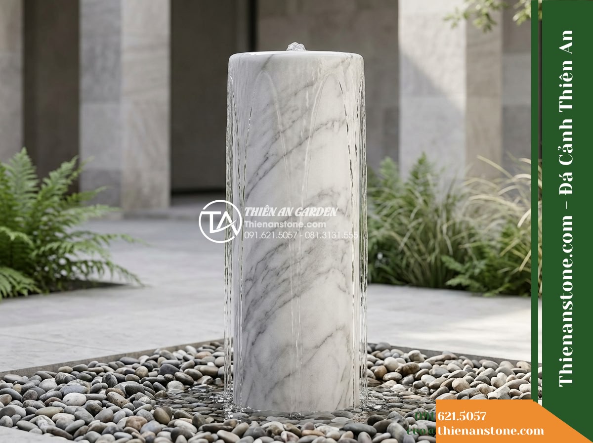 Trụ Phun Tròn Lỗ Xuyên Tâm, Mài Nhẵn D30cm Cao 80cm - Hình 8 Trụ Phun Tròn Lỗ Xuyên Tâm, Mài Nhẵn D30cm Cao 80cm - Side elevation view showing the fluid dynamics of water cascading uniformly down