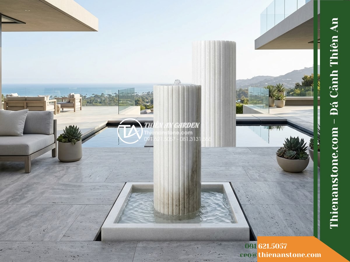 Trụ Phun Tròn Xẻ Rãnh Dọc Thân, Mài Mịn D35cm Cao 1m - Hình 12 Trụ Phun Tròn Xẻ Rãnh Dọc Thân, Mài Mịn D35cm Cao 1m - Wide contextual shot emphasizing the visual clearance and sightline requirements