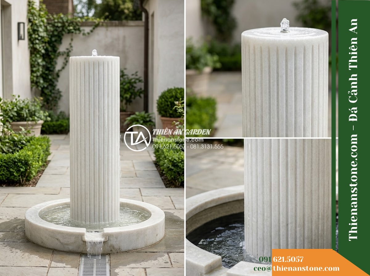 Trụ Phun Tròn Xẻ Rãnh Dọc Thân, Mài Mịn D35cm Cao 1m - Hình 18 Trụ Phun Tròn Xẻ Rãnh Dọc Thân, Mài Mịn D35cm Cao 1m - Comprehensive overview showing the fully functioning grooved stone fountain in a